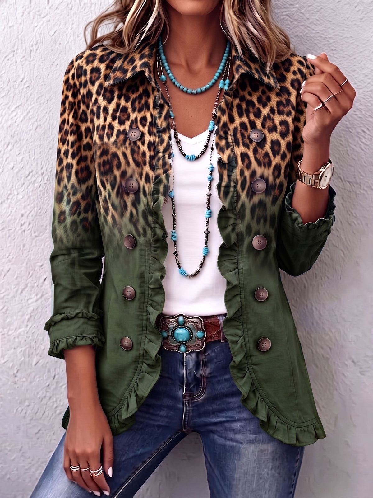 Emma | Women's Leopard Print Denim Jacket Long Sleeve Pockets