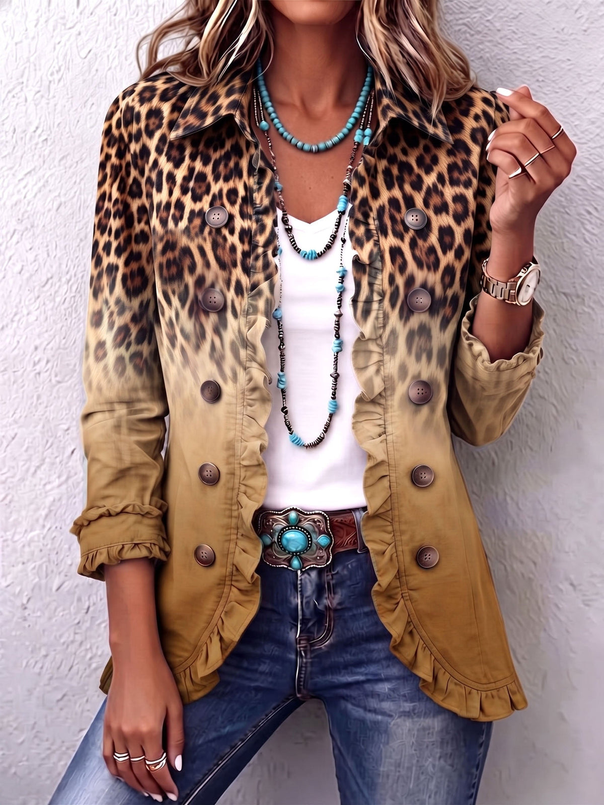 Emma | Women's Leopard Print Denim Jacket Long Sleeve Pockets