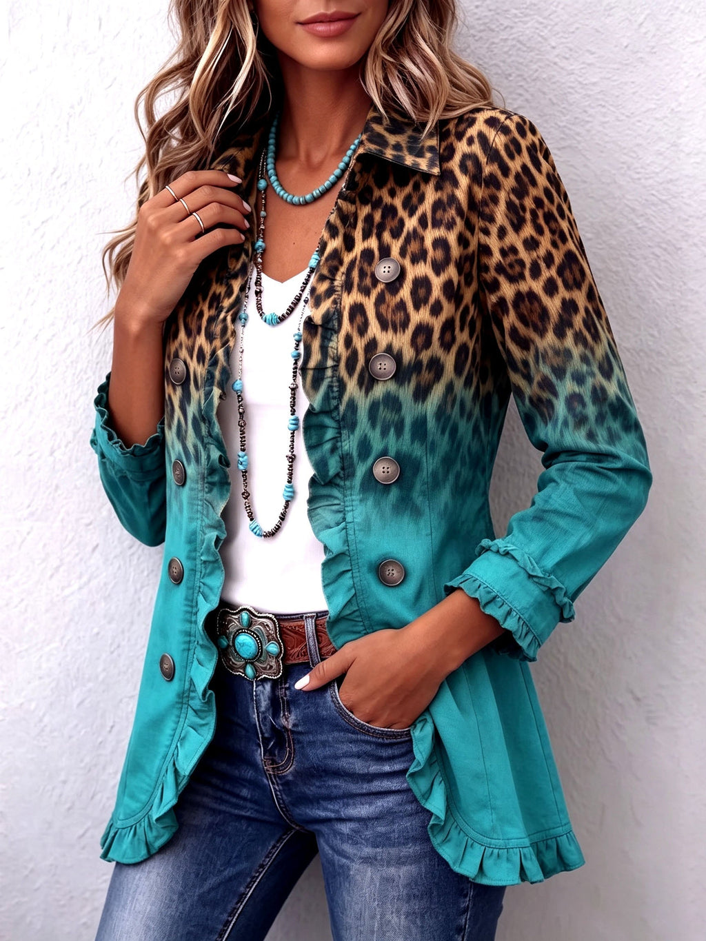 Emma | Women's Leopard Print Denim Jacket Long Sleeve Pockets