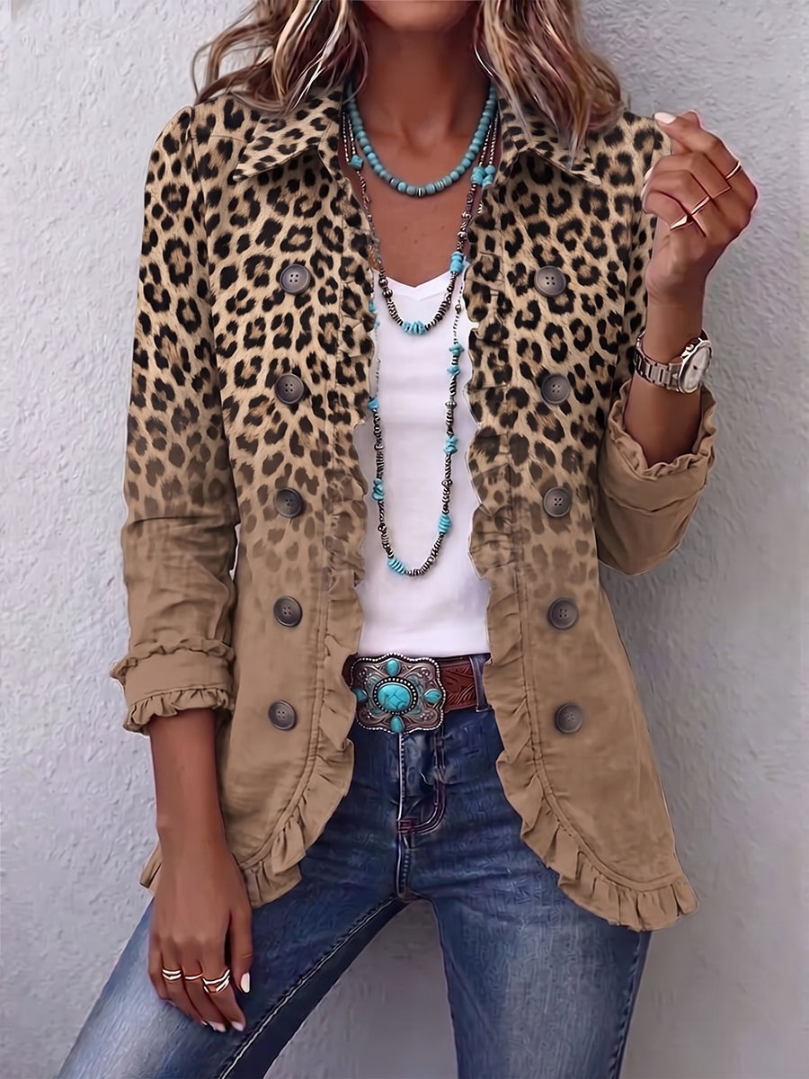 Emma | Women's Leopard Print Denim Jacket Long Sleeve Pockets