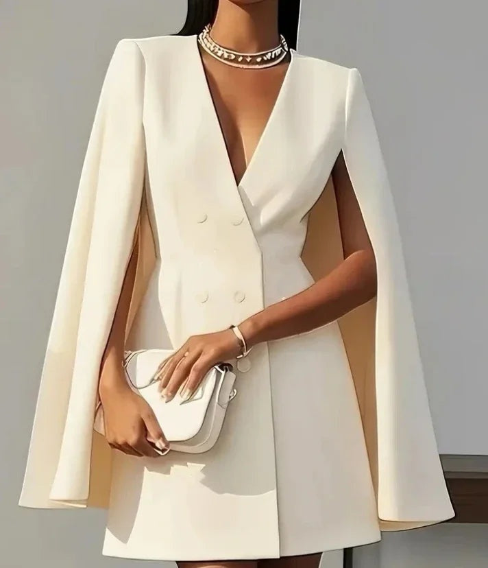 Phoebe | Women's Holiday Party Blazer Dress Cape Sleeve V Neck Double Breasted Mini