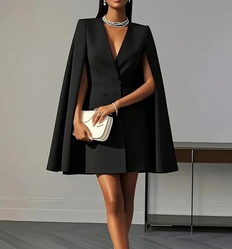 Phoebe | Women's Holiday Party Blazer Dress Cape Sleeve V Neck Double Breasted Mini