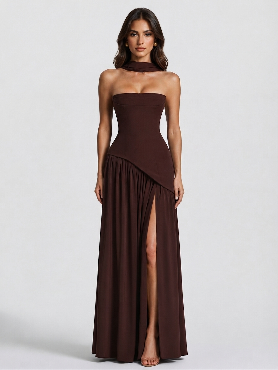 Aurora | Women's Draped Holiday Party Dress Corset Side Slit Maxi Evening Gown