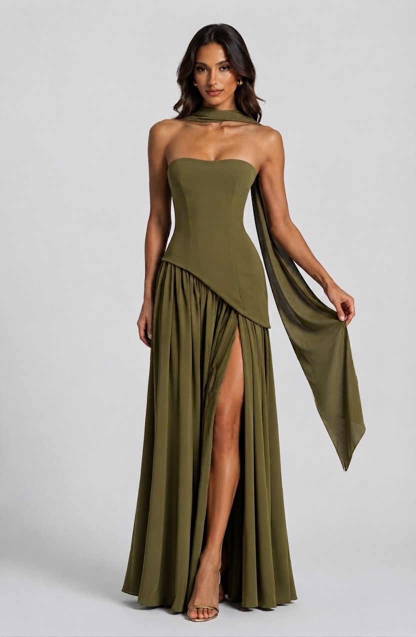 Aurora | Women's Draped Holiday Party Dress Corset Side Slit Maxi Evening Gown