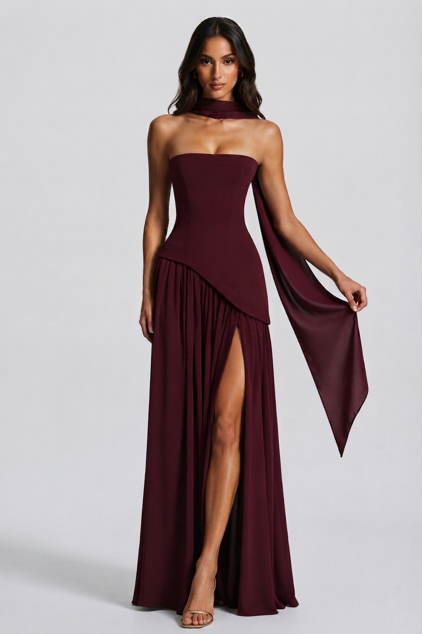 Aurora | Women's Draped Holiday Party Dress Corset Side Slit Maxi Evening Gown