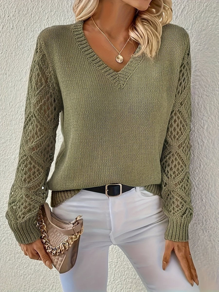 Abigail | Women's Lightweight V Neck Sweater Pointelle Sleeve Knit