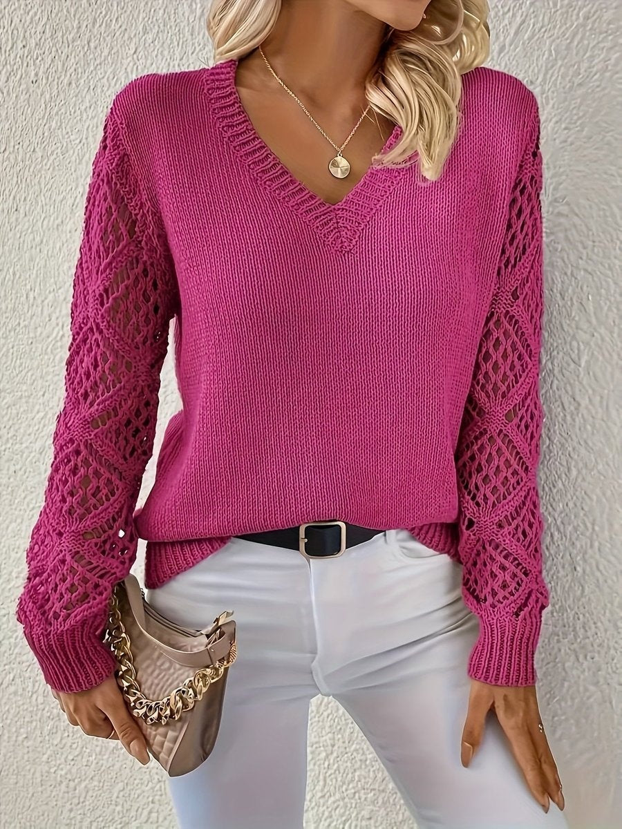 Abigail | Women's Lightweight V Neck Sweater Pointelle Sleeve Knit