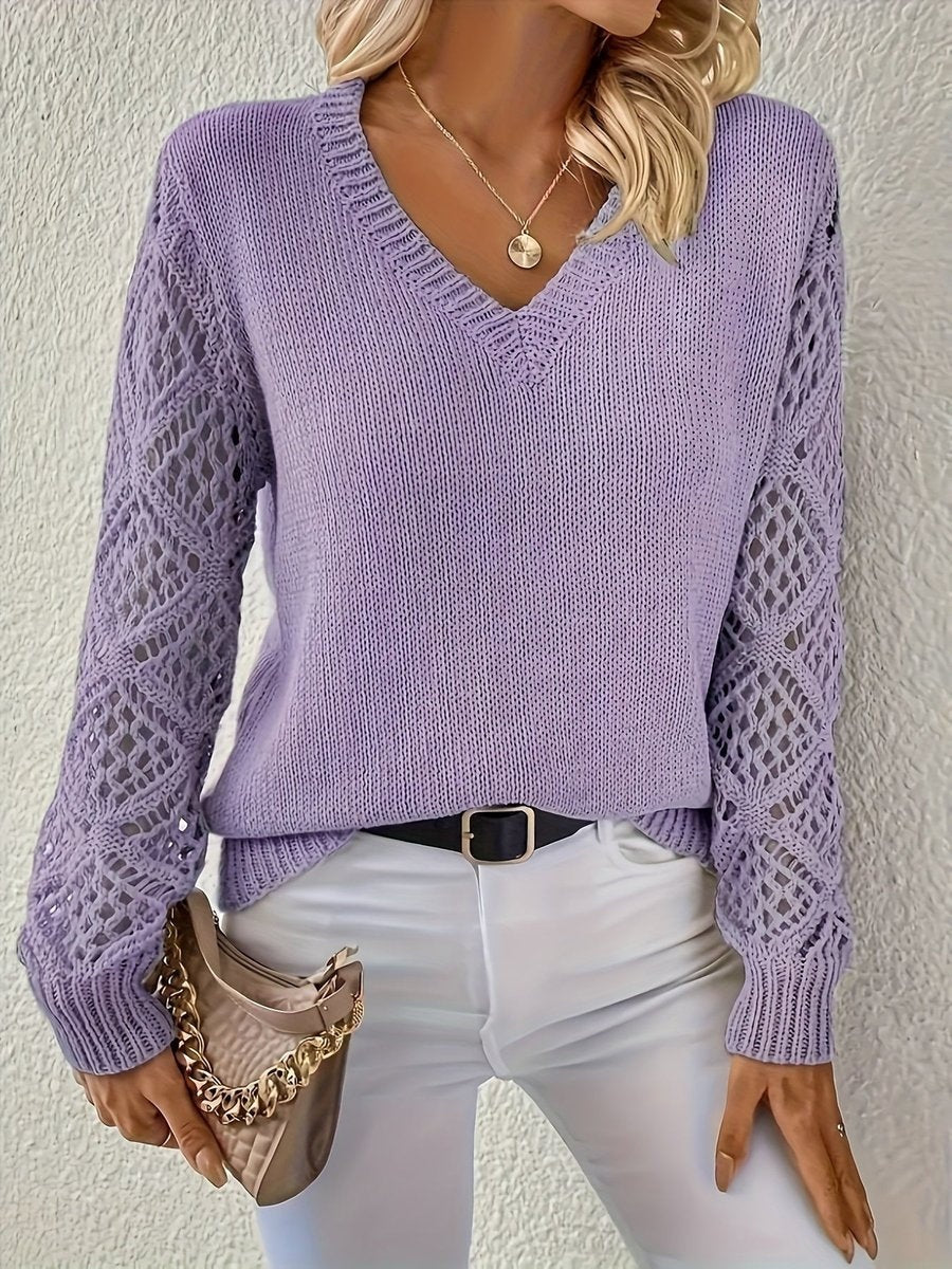 Abigail | Women's Lightweight V Neck Sweater Pointelle Sleeve Knit