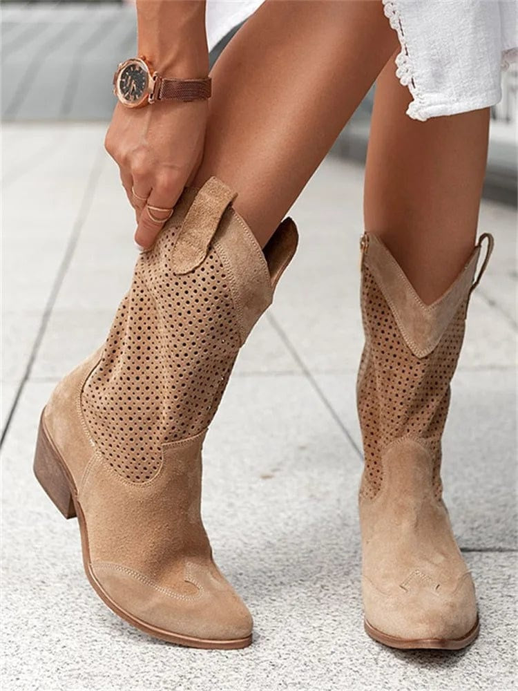 Sloane | Women's Perforated Suede Cowgirl Boots Mid Calf