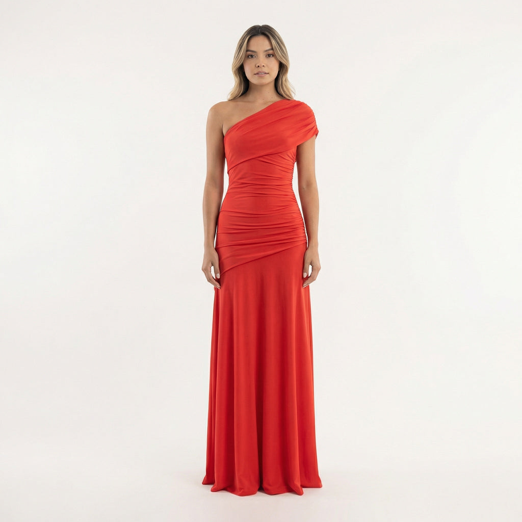 Josephine | Women's One Shoulder Formal Holiday Party Dress Long Ruched