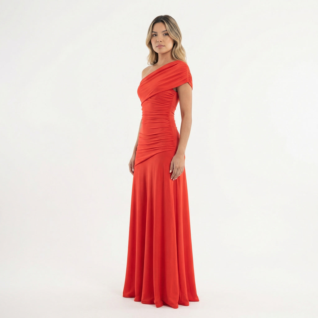 Josephine | Women's One Shoulder Formal Holiday Party Dress Long Ruched