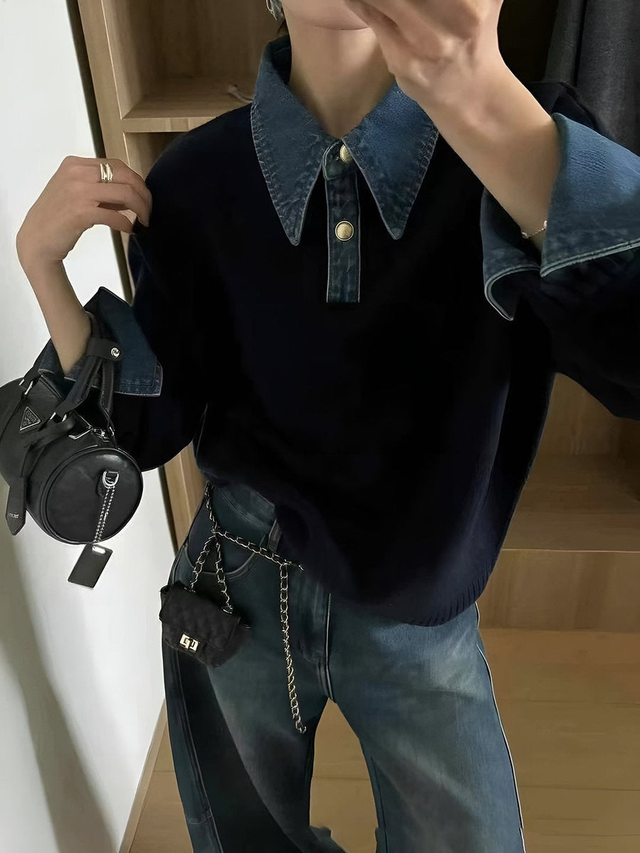 Eloise | Women's Knit Sweater Denim Collar Long Sleeve
