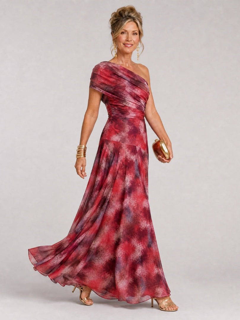 Layla | Women's Long Draped Holiday Party Dress Abstract Print Mother of the Bride