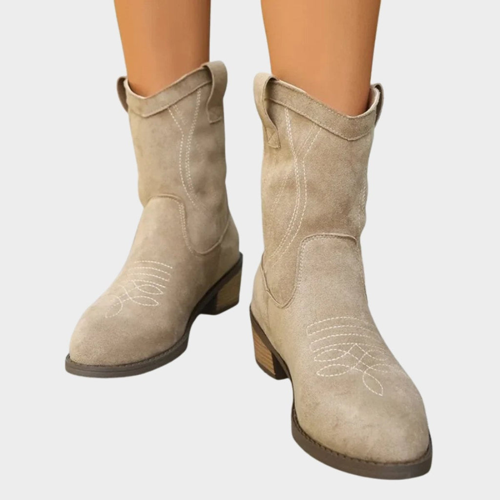 Vanessa | Women's Faux Suede Embroidered Cowgirl Boots Block Heel Ankle