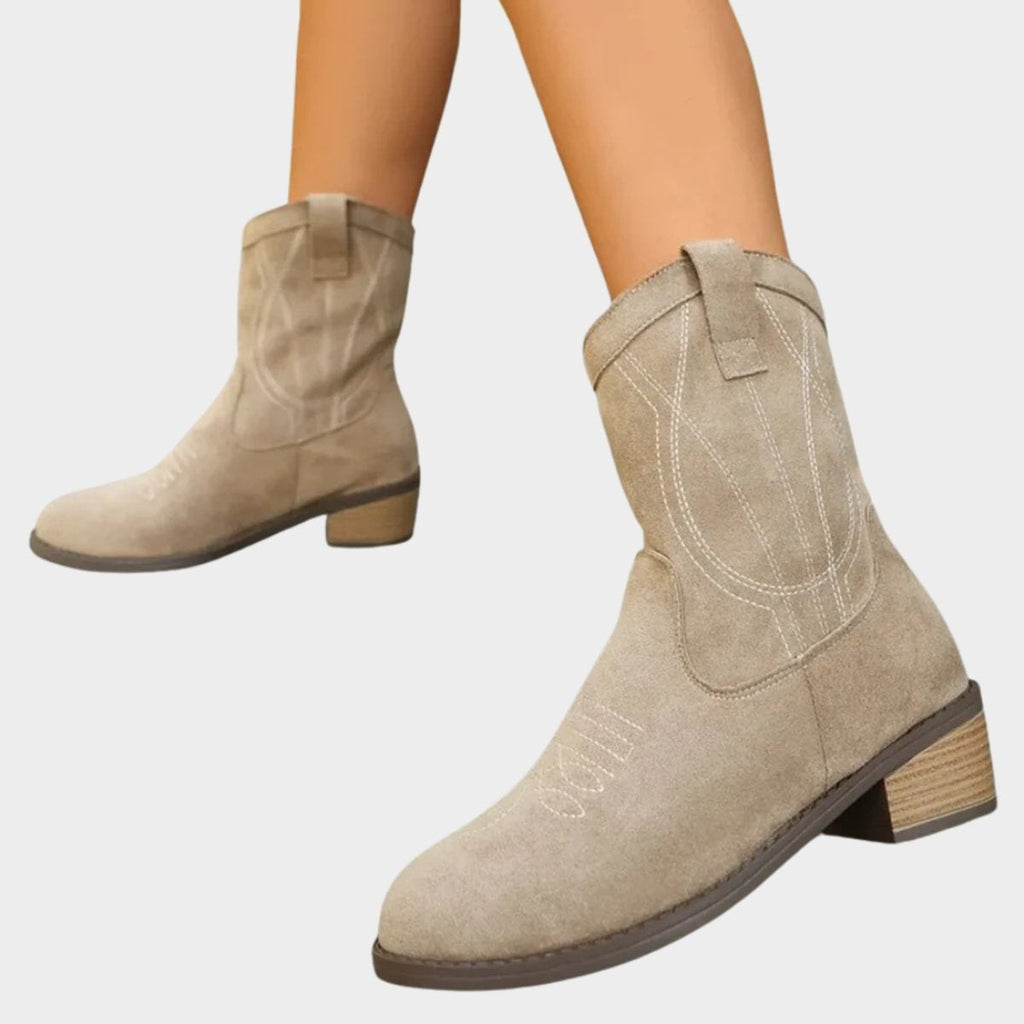 Vanessa | Women's Faux Suede Embroidered Cowgirl Boots Block Heel Ankle
