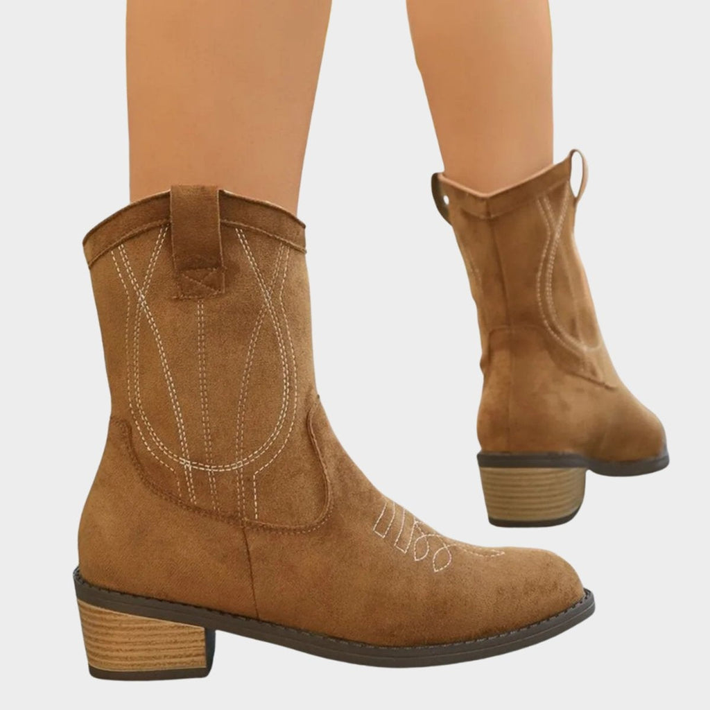 Vanessa | Women's Faux Suede Embroidered Cowgirl Boots Block Heel Ankle