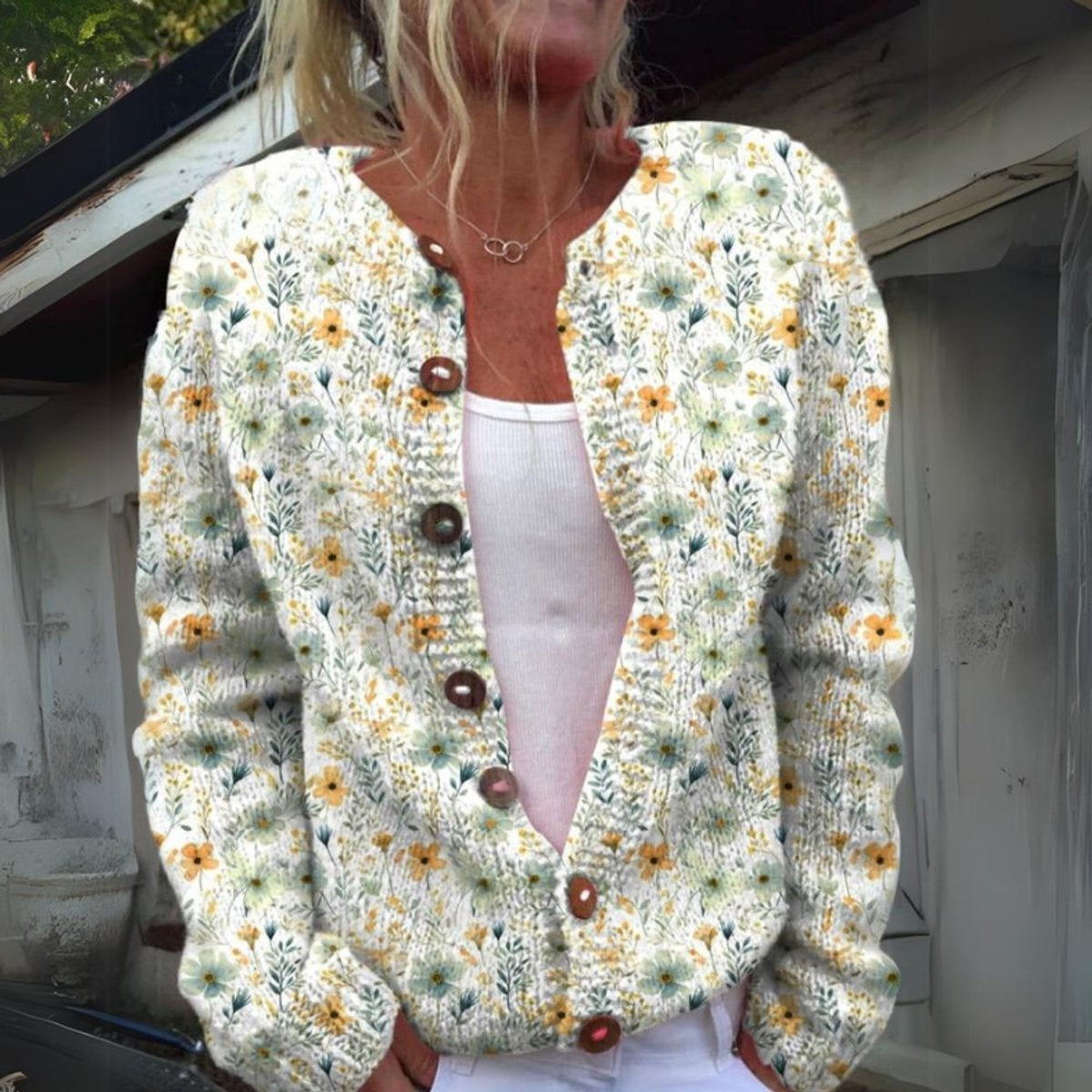 Layla | Women's Floral Knit Cardigan Sweater Wooden Buttons