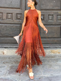 Brianna | Women's Long Fringe Holiday Party Dress Halter Neck