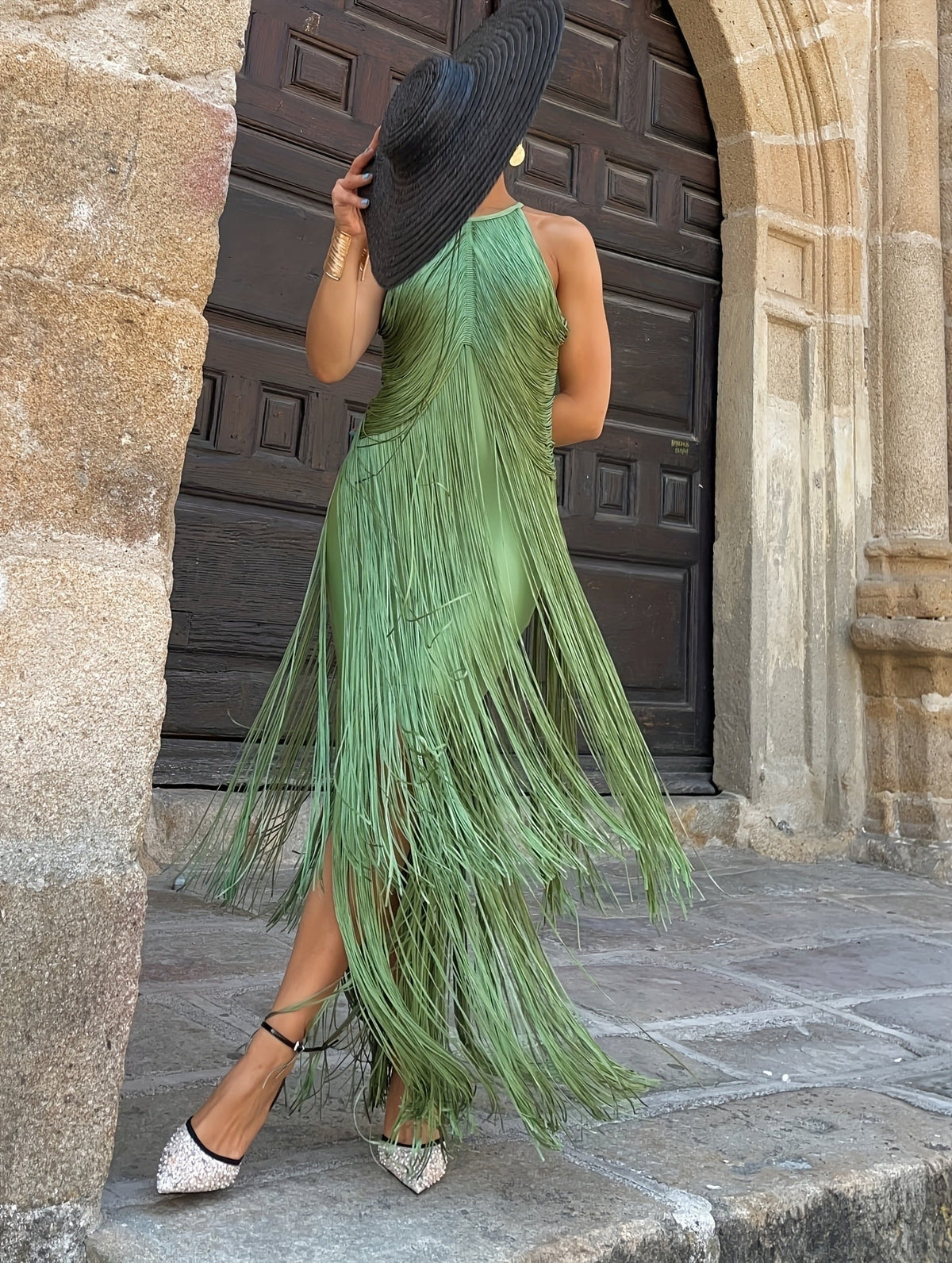 Brianna | Women's Long Fringe Holiday Party Dress Halter Neck